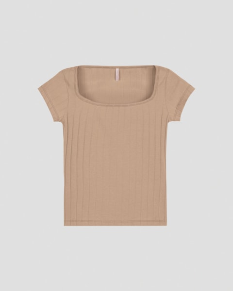 Blusa Feminina Canelada com Decote Quadrado Cereja Rosa Bege