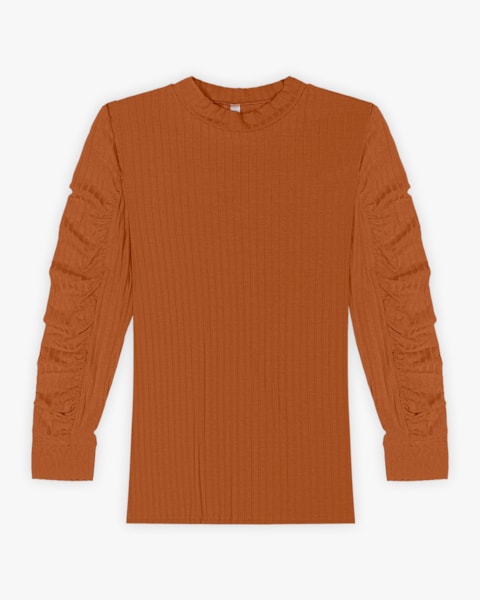 Blusa Feminina Canelada com Manga Longa Franzida - Cereja Rosa - Inca