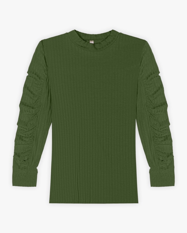 Blusa Feminina Canelada com Manga Longa Franzida - Cereja Rosa -Militar-747453d3-0a13-4b00-bf33-1cf1c98810ea