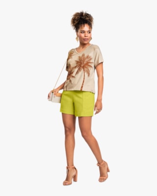 Blusa Feminina com Decote V em Malha Linho - Cereja Rosa - Bege-G