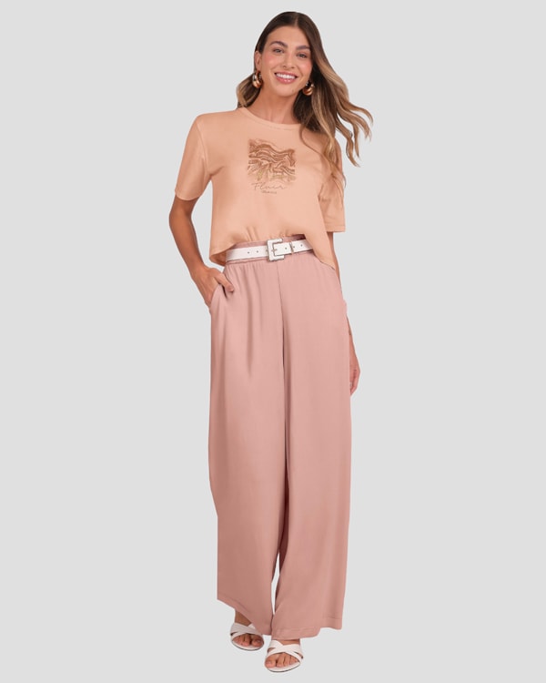 Blusa Feminina em Malha Estampa Metalizada Cereja Rosa Nude