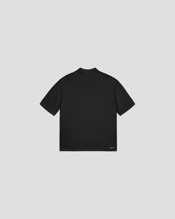 Blusa Feminina em Meia Malha com Gola Alta - Cereja Rosa - Preto