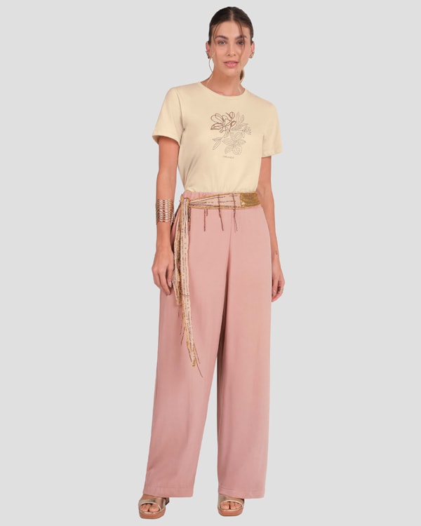 Blusa Feminina em Meia Malha Estampa Relevo Cereja Rosa Bege