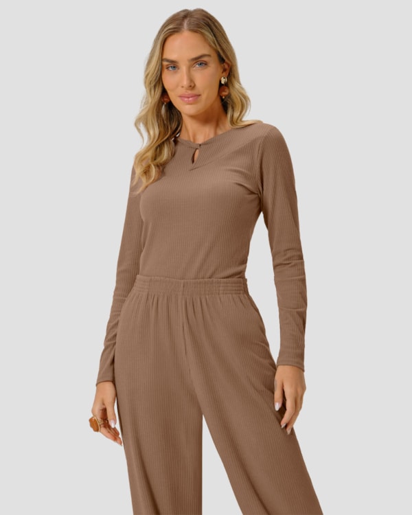 Blusa Feminina em Ribana Canelada Decote Gota - Cereja Rosa - Marrom