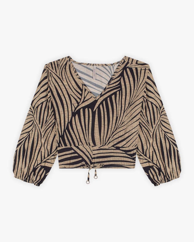 Blusa Feminina Estampada com Amarração - Cereja Rosa - Bege-ffa94109-c9c7-40f7-8422-b5af2fe6aae9