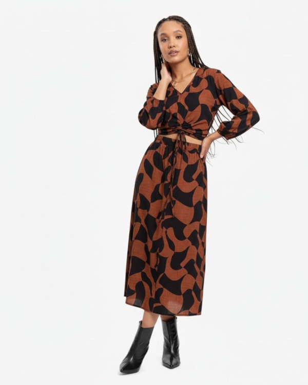 Blusa Feminina Estampada com Amarração - Cereja Rosa - Ocre