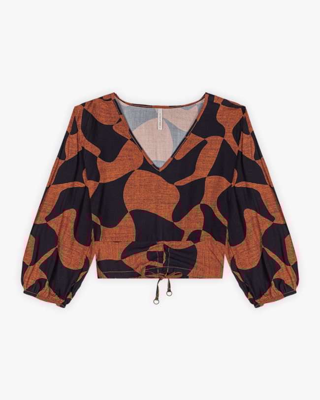 Blusa Feminina Estampada com Amarração - Cereja Rosa - Ocre-01a5a438-cf89-49fb-a48f-4b0d03d85b97