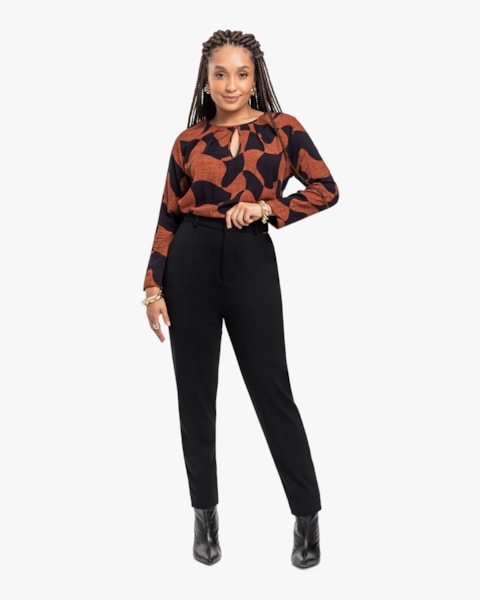 Blusa Feminina Estampada com Manga Longa e Decote Gota - Cereja Rosa - Ocre