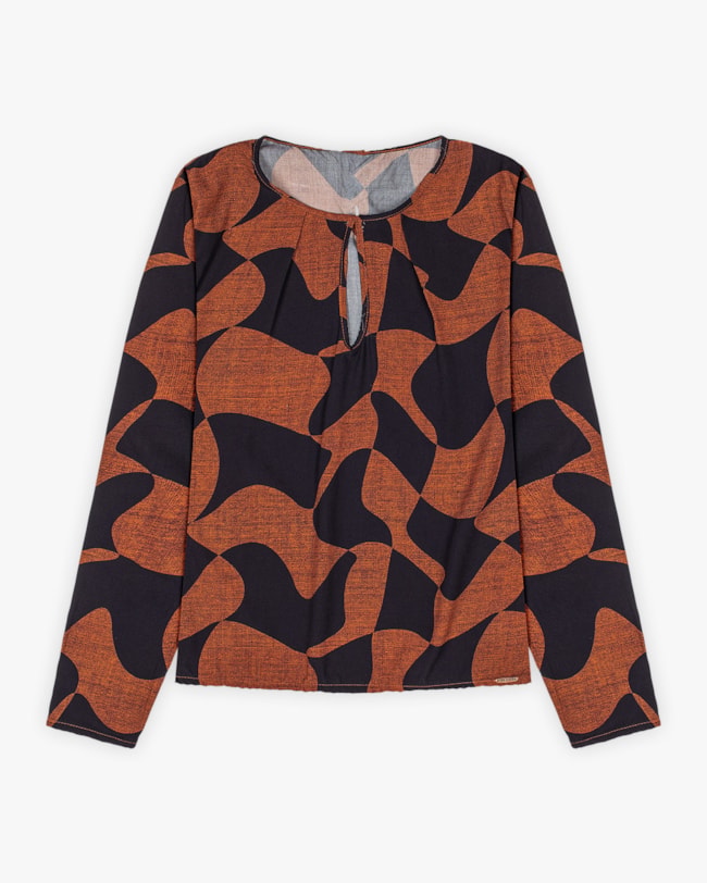 Blusa Feminina Estampada com Manga Longa e Decote Gota - Cereja Rosa - Ocre-4fa45bd9-feb4-40e5-a23f-fe57f3eaf734