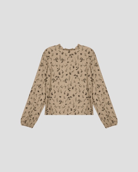 Blusa Feminina Estampada Manga Longa em Viscose - Cereja Rosa - Bege