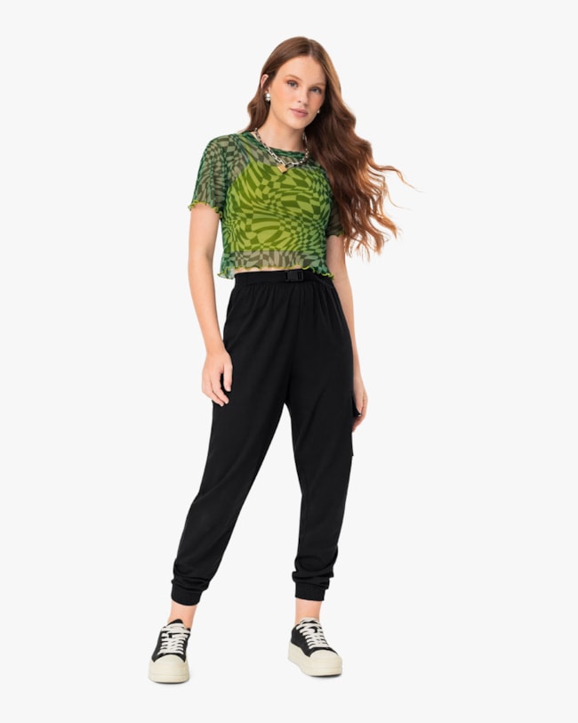 Blusa Feminina Juvenil com Tule Estampado - BaseD - Army-e5c458ff-2e6b-47a7-80fd-29d95b81cc43