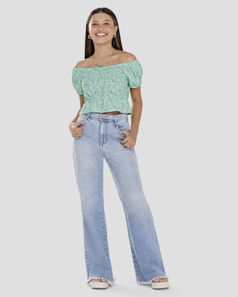 Blusa Feminina Juvenil em Tecido Crepe Estampada BaseD Verde