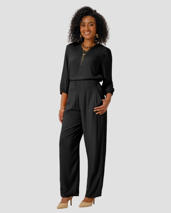 Blusa Feminina Manga 7/8 com Decote V - Cereja Rosa - Preto