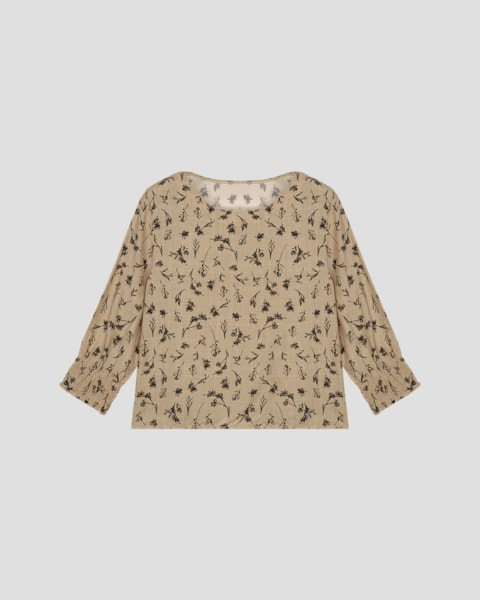 Blusa Feminina Manga 7/8 em Viscose Estampada Cereja Rosa Bege