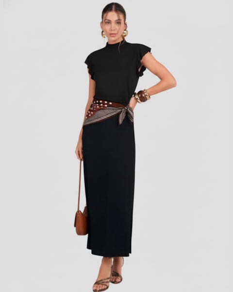 Blusa Feminina Manga Curta com Babado  Cereja Rosa  Preto