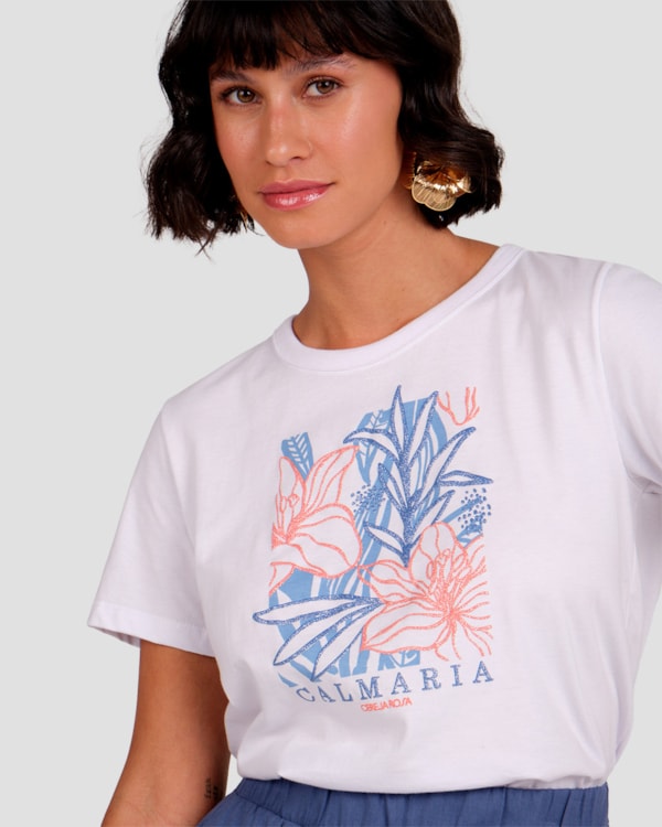 Blusa Feminina Manga Curta com Estampa Cereja Rosa  Branco