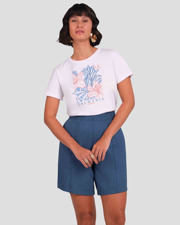 Blusa Feminina Manga Curta com Estampa Cereja Rosa Branco