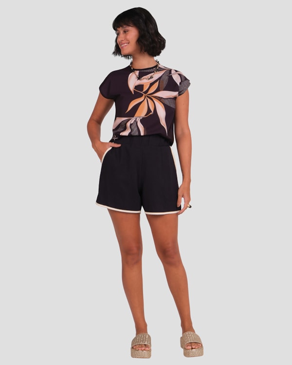 Blusa Feminina Manga Curta com Estampa Cereja Rosa Preto