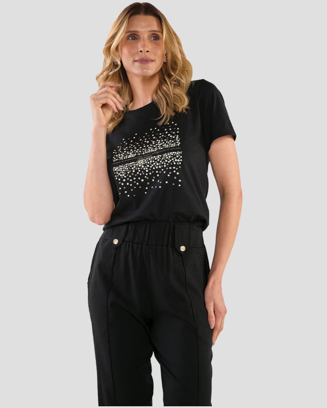 Blusa Feminina Manga Curta com Estampa Metalizada - Cereja Rosa - Preto-262d1b10-02de-4263-b945-89c560d6d3ff