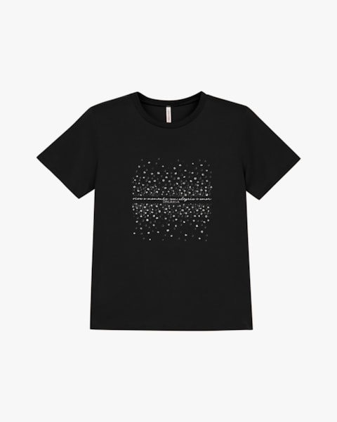 Blusa Feminina Manga Curta com Estampa Metalizada - Cereja Rosa - Preto