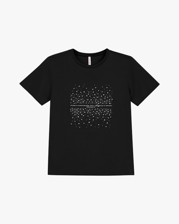 Blusa Feminina Manga Curta com Estampa Metalizada - Cereja Rosa - Preto