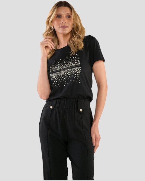 Blusa Feminina Manga Curta com Estampa Metalizada - Cereja Rosa - Preto