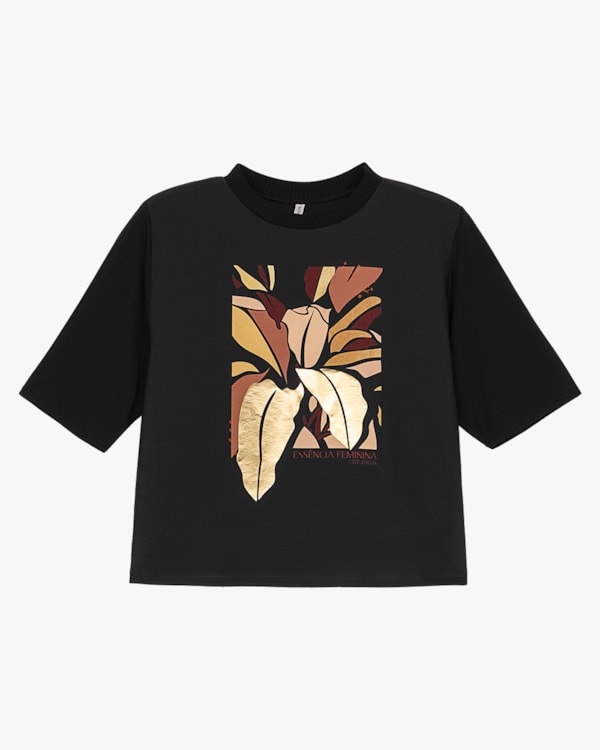 Blusa Feminina Manga Curta com Retilínea- Cereja Rosa - Preto