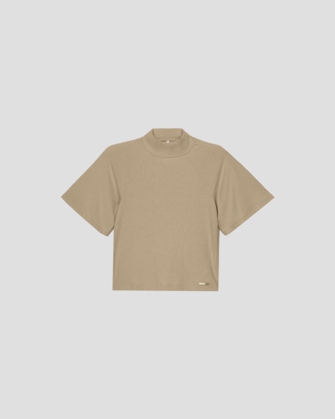 Blusa Feminina Manga Curta em Ribana Canelada - Cereja Rosa - Bege