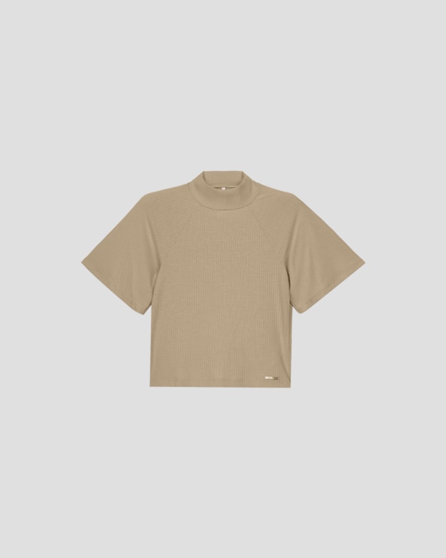 Blusa Feminina Manga Curta em Ribana Canelada - Cereja Rosa - Bege-55b749a8-0010-4d75-bd5a-42866dea7df7