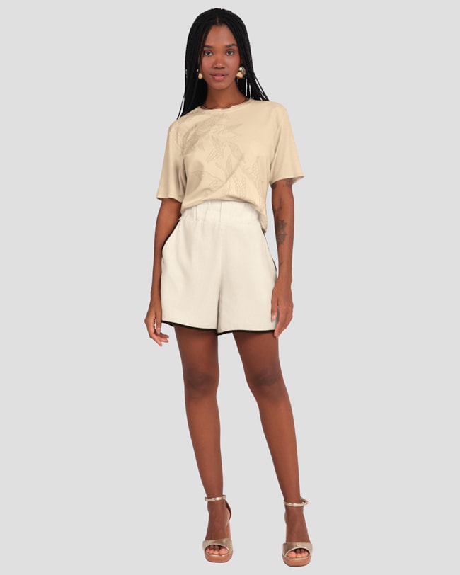 Blusa Feminina Manga Curta Estampa Folhagem Cereja Rosa Bege-b2ac4997-d26c-4b86-bc6b-6122517f62bd