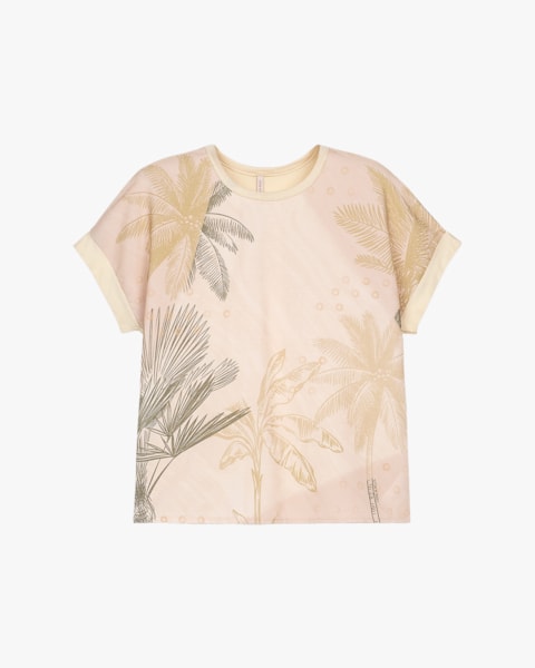 Blusa Feminina Manga Curta Estampa Folhagem - Cereja Rosa - Tapioca