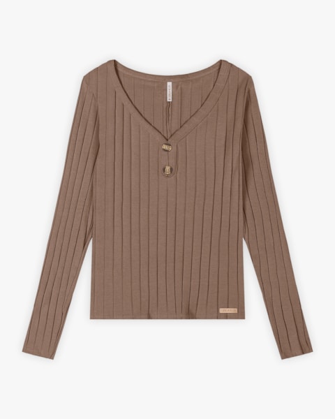 Blusa Feminina Manga Longa Canelada com Decote V - Cereja Rosa - Macchiato