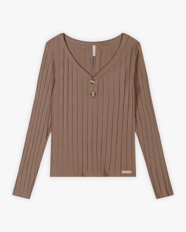 Blusa Feminina Manga Longa Canelada com Decote V - Cereja Rosa - Macchiato-146dc30f-9e54-4201-9976-10128014ca67
