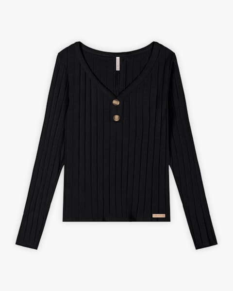 Blusa Feminina Manga Longa Canelada com Decote V - Cereja Rosa - Preto