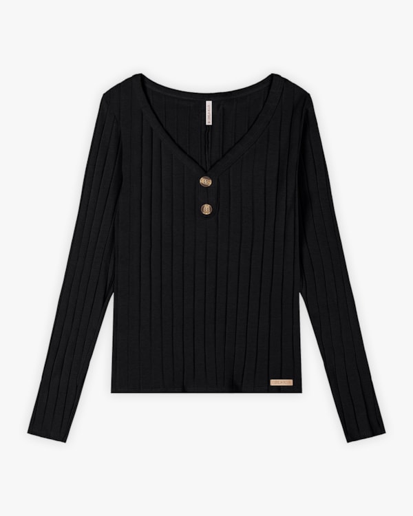 Blusa Feminina Manga Longa Canelada com Decote V - Cereja Rosa - Preto