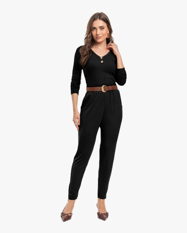 Blusa Feminina Manga Longa Canelada com Decote V - Cereja Rosa - Preto