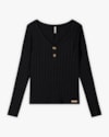 Blusa Feminina Manga Longa Canelada com Decote V - Cereja Rosa - Preto-f41e0858-9e06-4839-bdb7-f377d6354b56