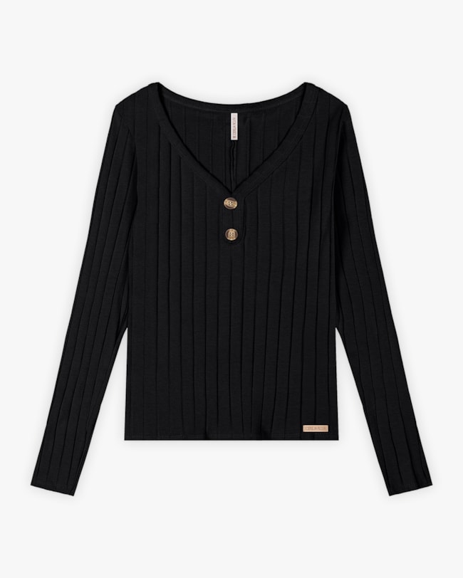 Blusa Feminina Manga Longa Canelada com Decote V - Cereja Rosa - Preto-ee95feb6-7357-4f0a-8c1b-e5954d21f97e