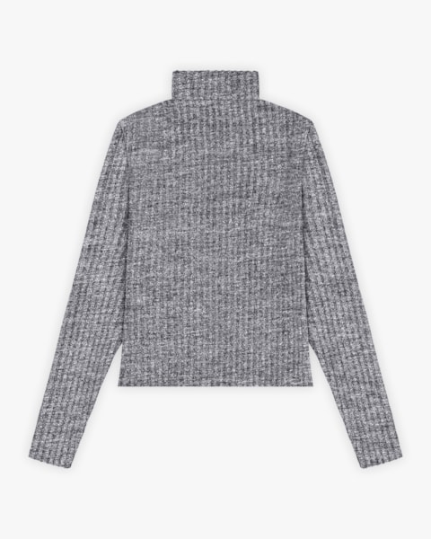 Blusa Feminina Manga Longa Canelada com Gola Alta - Cereja Rosa - Cinza Mescla