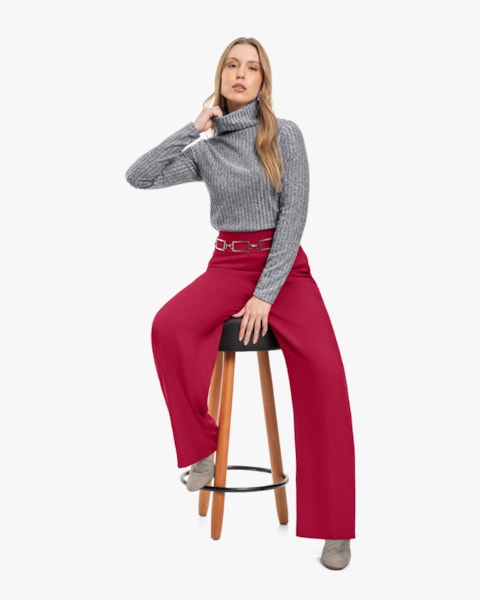 Blusa Feminina Manga Longa Canelada com Gola Alta - Cereja Rosa - Cinza Mescla