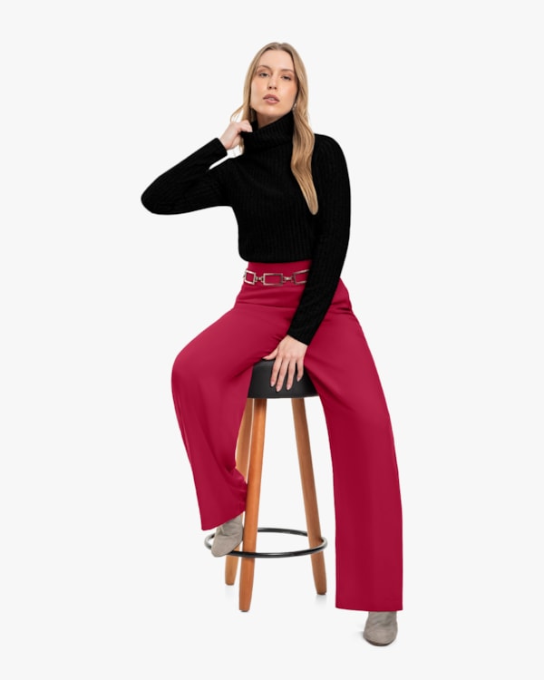 Blusa Feminina Manga Longa Canelada com Gola Alta - Cereja Rosa - Preto