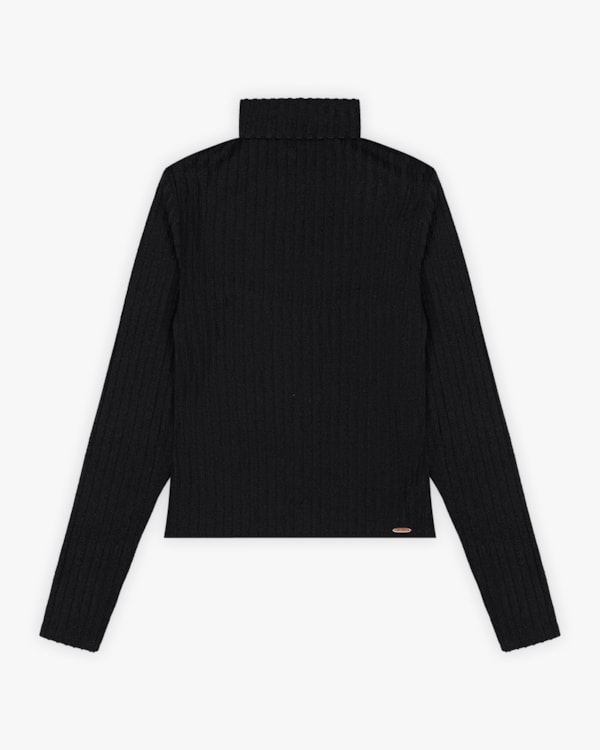 Blusa Feminina Manga Longa Canelada com Gola Alta - Cereja Rosa - Preto