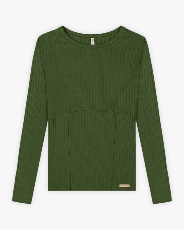 Blusa Feminina Manga Longa Canelada com Recorte - Cereja Rosa - Militar