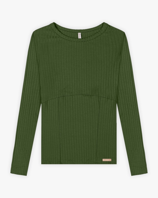 Blusa Feminina Manga Longa Canelada com Recorte - Cereja Rosa - Militar-bba9756c-797c-4575-a842-fb2e7e12c01d