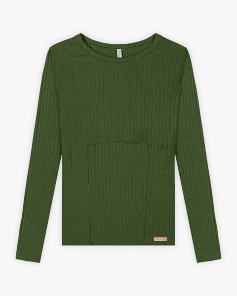 Blusa Feminina Manga Longa Canelada com Recorte - Cereja Rosa - Militar