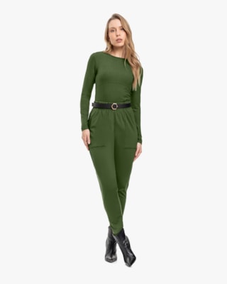 Blusa Feminina Manga Longa Canelada com Recorte - Cereja Rosa - Militar-G