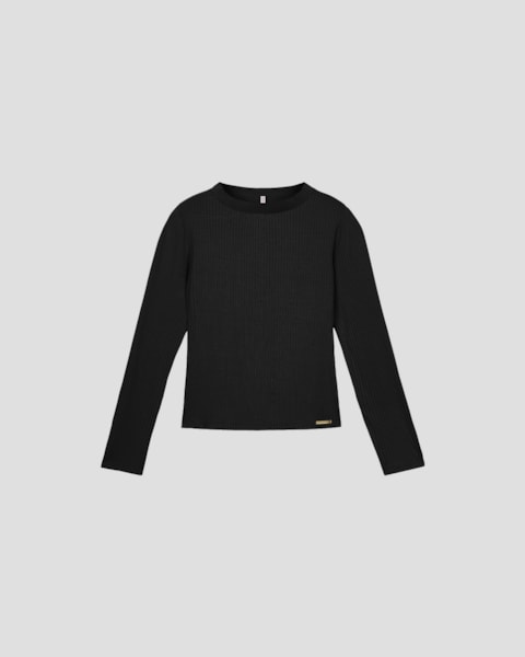 Blusa Feminina Manga Longa Canelada com Retilínea - Cereja Rosa - Preto