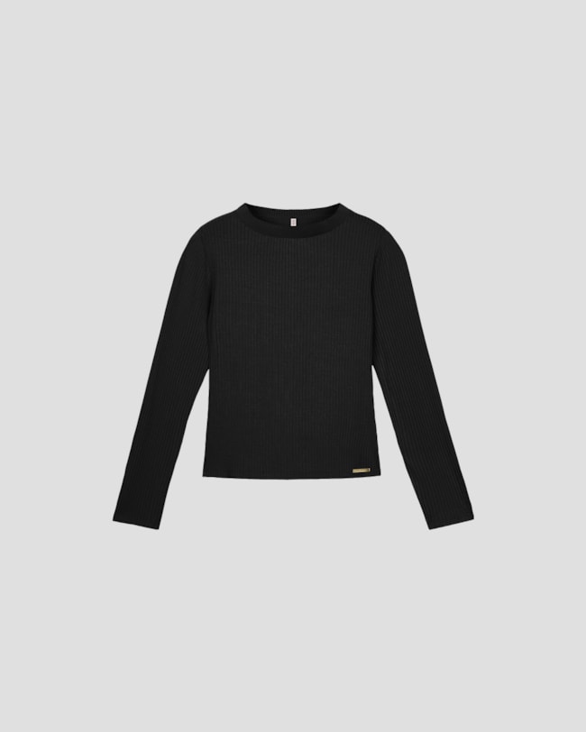 Blusa Feminina Manga Longa Canelada com Retilínea - Cereja Rosa - Preto-5f956acd-1b45-4ba0-948a-0362f231ecad