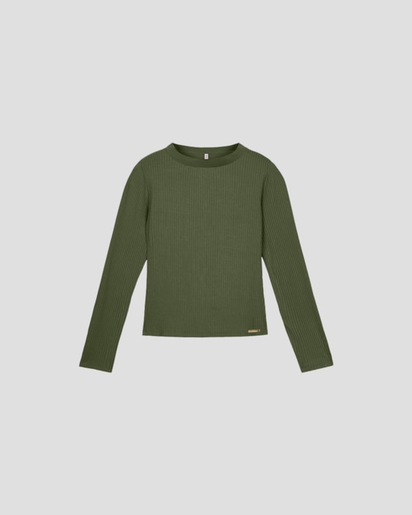 Blusa Feminina Manga Longa Canelada com Retilínea - Cereja Rosa - Verde