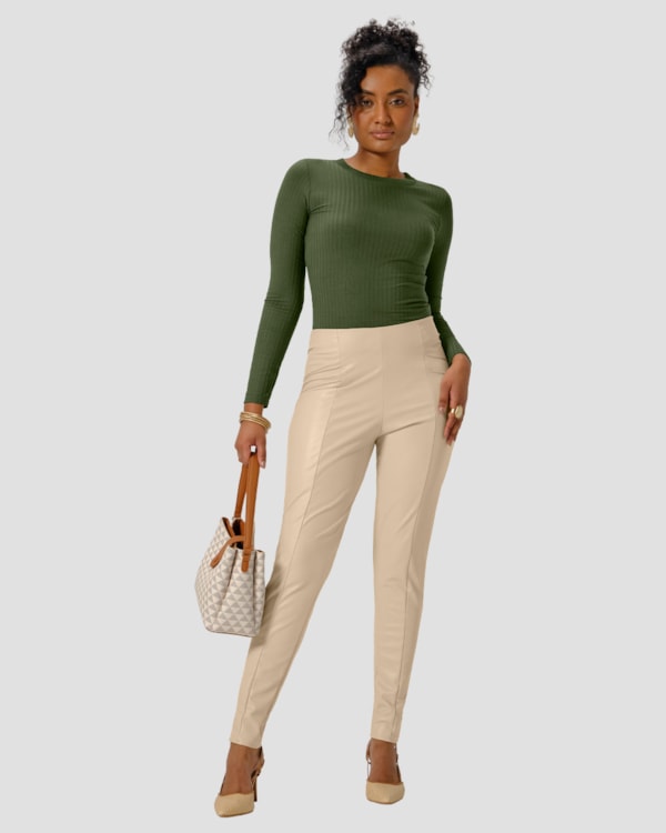 Blusa Feminina Manga Longa Canelada com Retilínea - Cereja Rosa - Verde